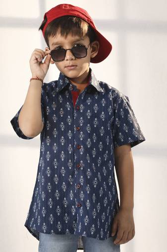 Boys' Navy Blue Ethnic Shirt