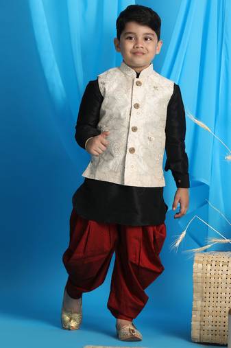 Boys' Black, Beige And Maroon Jacket, Kurta And Dhoti Set