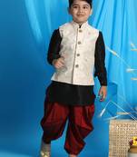 Boys' Black, Beige And Maroon Jacket, Kurta And Dhoti Set