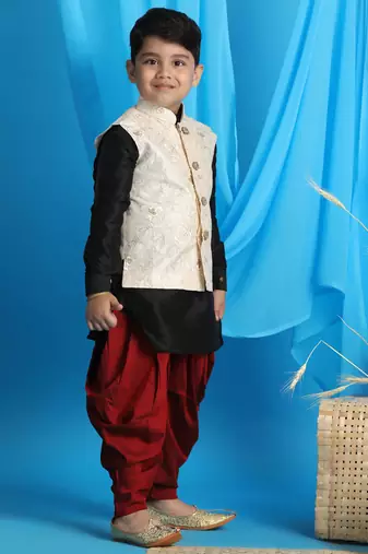 Boys' Black, Beige And Maroon Jacket, Kurta And Dhoti Set