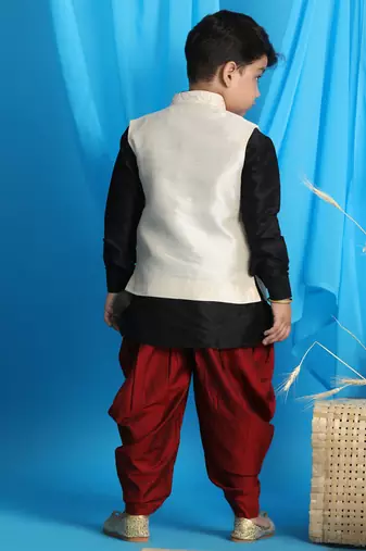 Boys' Black, Beige And Maroon Jacket, Kurta And Dhoti Set