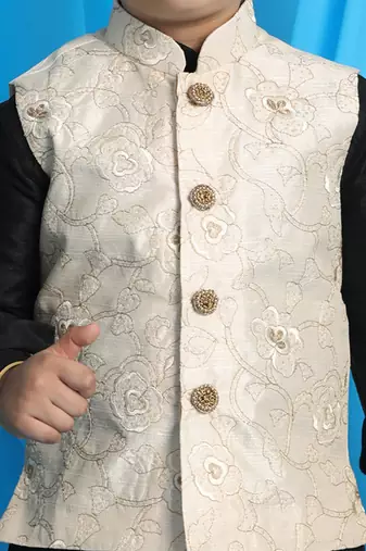 Boys' Black, Beige And Maroon Jacket, Kurta And Dhoti Set