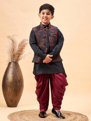  Black Jacket, Kurta And Dhoti Set 1