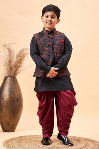 Boys' Black Jacket, Kurta And Dhoti Set