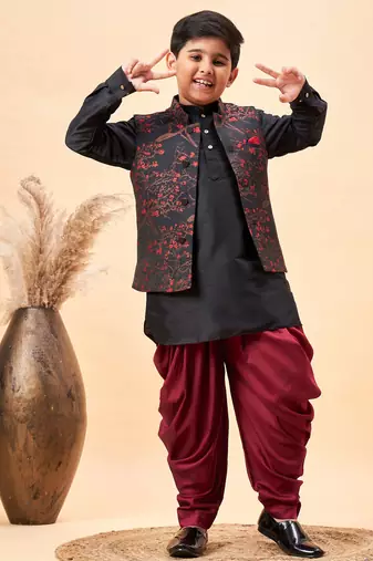  Black Jacket, Kurta And Dhoti Set