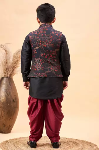  Black Jacket, Kurta And Dhoti Set