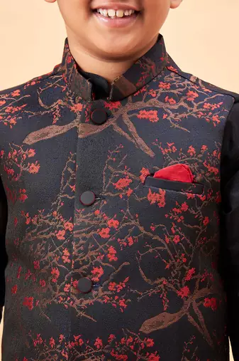  Black Jacket, Kurta And Dhoti Set