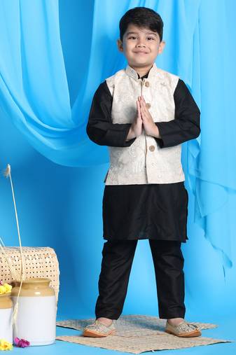 Boys' Gold And Black Jacket, Kurta And Pyjama Set
