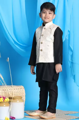 Boys' Gold And Black Jacket, Kurta And Pyjama Set