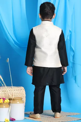 Boys' Gold And Black Jacket, Kurta And Pyjama Set