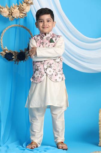 Boys' Turquoise And Cream Jacket, Kurta And Pyjama Set