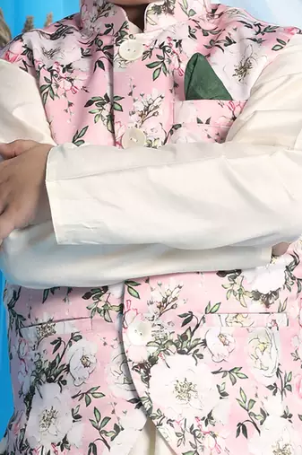 Turquoise And Cream Jacket, Kurta And Pyjama Set