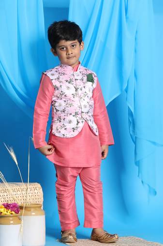 Boys' Pink Jacket, Kurta And Pyjama Set
