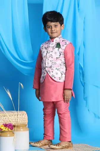  Pink Jacket, Kurta And Pyjama Set