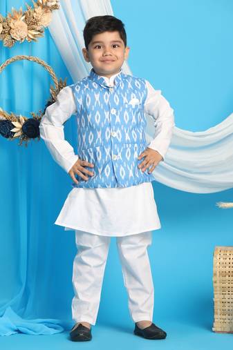 Boys' Aqua And White Jacket, Kurta And Pyjama Set