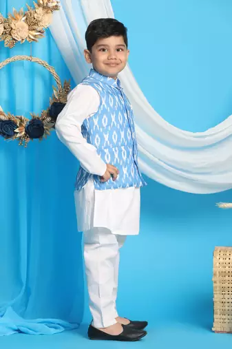  Aqua And White Jacket, Kurta And Pyjama Set