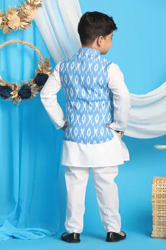  Aqua And White Jacket, Kurta And Pyjama Set