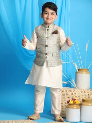  Beige And Cream Jacket, Kurta And Pyjama Set 1