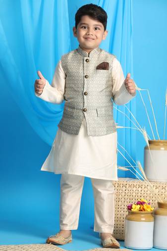 Boys' Beige And Cream Jacket, Kurta And Pyjama Set