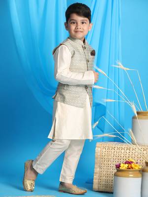  Beige And Cream Jacket, Kurta And Pyjama Set 2