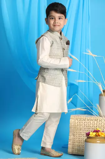  Beige And Cream Jacket, Kurta And Pyjama Set
