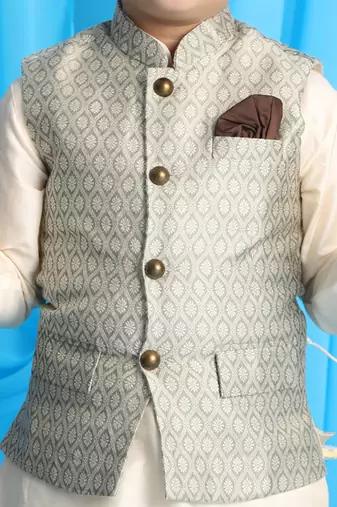  Beige And Cream Jacket, Kurta And Pyjama Set