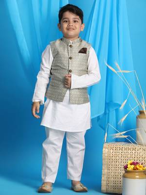  Beige And White Jacket, Kurta And Pyjama Set 1