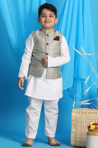 Boys' Beige And White Jacket, Kurta And Pyjama Set