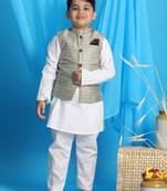  Beige And White Jacket, Kurta And Pyjama Set