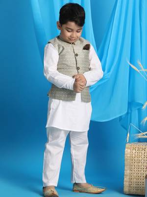  Beige And White Jacket, Kurta And Pyjama Set 2
