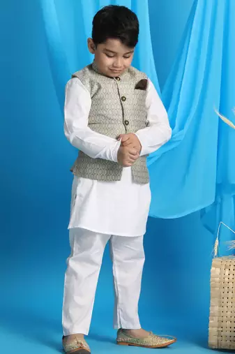  Beige And White Jacket, Kurta And Pyjama Set