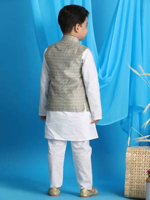  Beige And White Jacket, Kurta And Pyjama Set 3