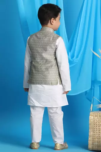  Beige And White Jacket, Kurta And Pyjama Set