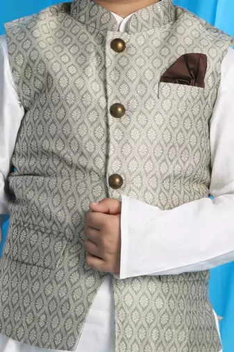  Beige And White Jacket, Kurta And Pyjama Set