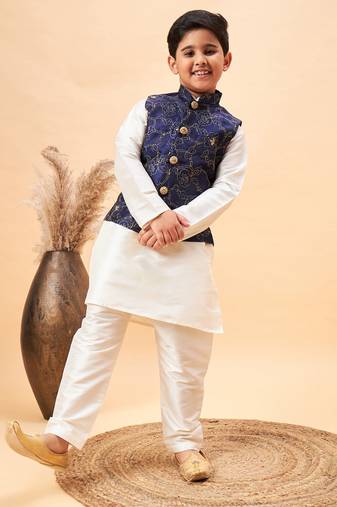 Boys' Navy Blue And Cream Jacket, Kurta And Pyjama Set
