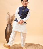 Boys' Navy Blue And Cream Jacket, Kurta And Pyjama Set