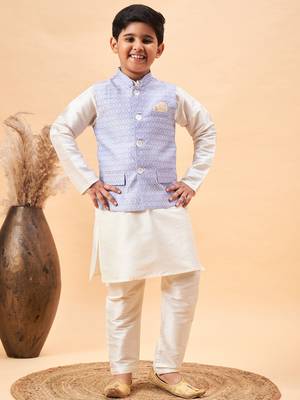 Cream And Beige Jacket, Kurta And Pyjama Set 1