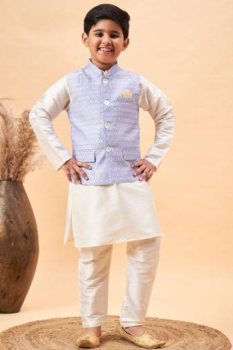 Boys' Cream And Beige Jacket, Kurta And Pyjama Set