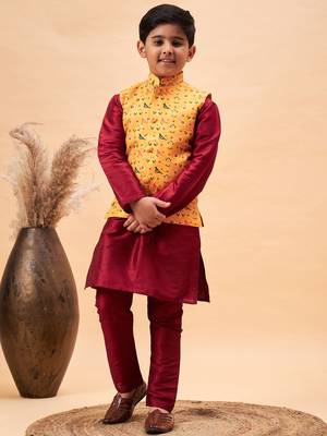  Maroon Jacket, Kurta And Pyjama Set 1