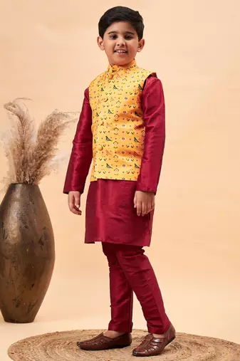  Maroon Jacket, Kurta And Pyjama Set