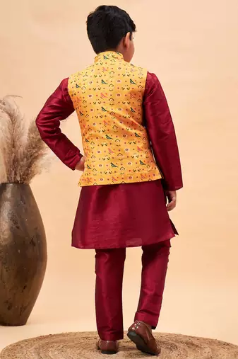  Maroon Jacket, Kurta And Pyjama Set