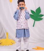 Boys' Gray And White Jacket, Kurta And Pyjama Set