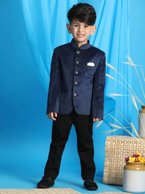 Navy Blue Velvet Dotted bandhgala Jodhpuri Suit for boys 1