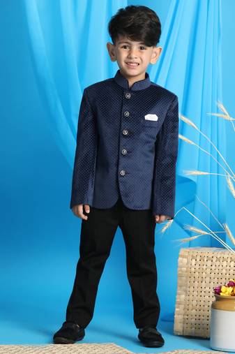 Navy Blue Velvet Dotted Jodhpuri Suit for Boys