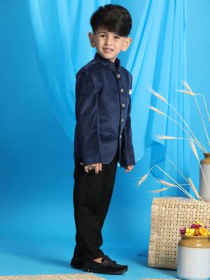 Navy Blue Velvet Dotted bandhgala Jodhpuri Suit for boys 2