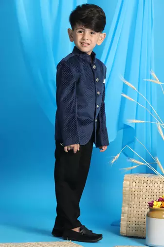 Navy Blue Velvet Dotted bandhgala Jodhpuri Suit for boys