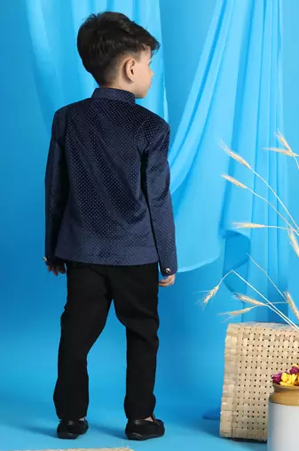Navy Blue Velvet Dotted bandhgala Jodhpuri Suit for boys