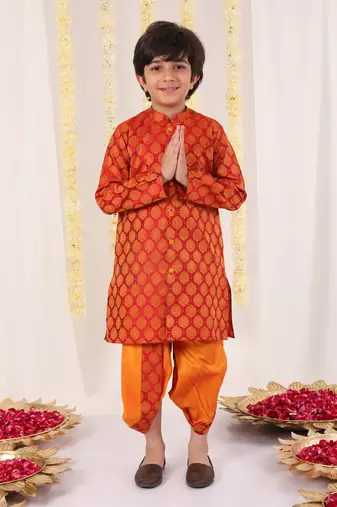 Boys' Red And Orange Kurta And Dhoti Set