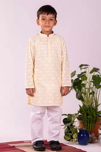 Boys' Yellow And White Kurta And Pyjama Set