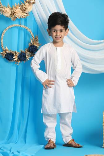 Boys' White And White Kurta Pyjama Set